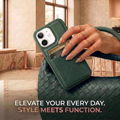 Image of amazon basics Premium Vegan Leather Back Cover with Card Holder and Integrated Mobile Stand for iPhone 13 - Slim Shockproof Wallet Case with Geometric Stitching [Green]