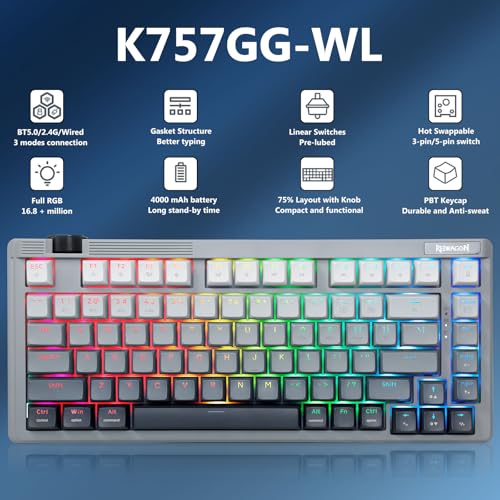 Image of Redragon Wireless Mechanical Keyboard Creamy, Custom 75% Design, Gray