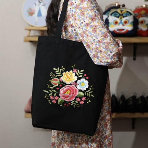 Image of KABAKE Canvas Tote Bag Embroidery Kit - Embroidery Kits for Beginners Combo with Tools - Black Floral Bag Include Stamped Bag, Threads & Tools