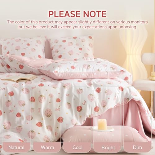 Image of Girls Duvet Cover Set Twin Size Pink White Strawberry and Heart Pattern Reversible Bedding Set Cartoon Cute Style,Soft Microfiber Comforter Cover with Zipper Closure and 1 Pillowcase