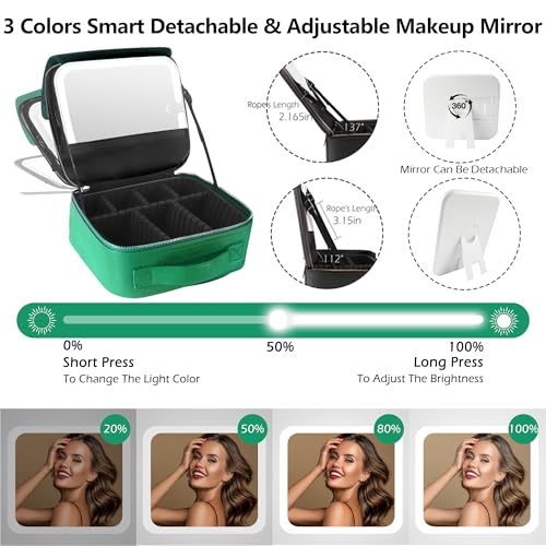 Image of MOMIRA Travel Makeup Bag Cosmetic Bag Makeup Organizer Bag with Lighted Mirror, Adjustable Brightness in 3 Color Scenarios, Waterproof Makeup Train Case, Gift for Women - Fresh Green(Woven)