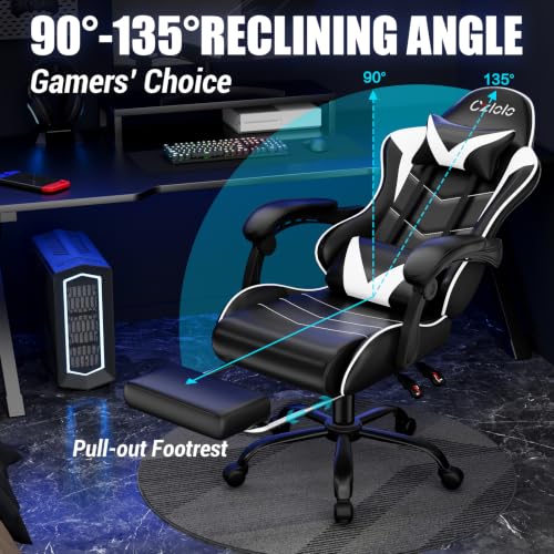 Image of Czlolo Gaming Chair with Footrest Racing Style Lumbar Support Massager Video Game Chair with Metal Legs, High Back Reclining Gamer Chair with Headrest, 360 Swivel Office Computer Desk Chair (White)
