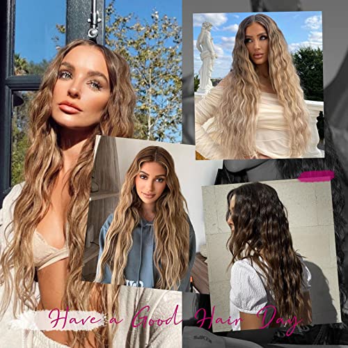REECHO Clip in Extensions, 5 Teile Haarverlängerungen zum Einclipsen dicke lange lockere Wellen Haarverlängerungen Unsichtbare Spitze Flechte Natürliche - Aschbraun mit Platium-Highlights