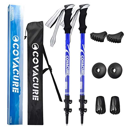 COVACURE Bastones de senderismo – Paquete de 2 bastones de senderismo o caminar ajustables – Aluminio telescópico ultraligero 7075 con sistema de bloqueo rápido – bastón portátil con agarre de espuma