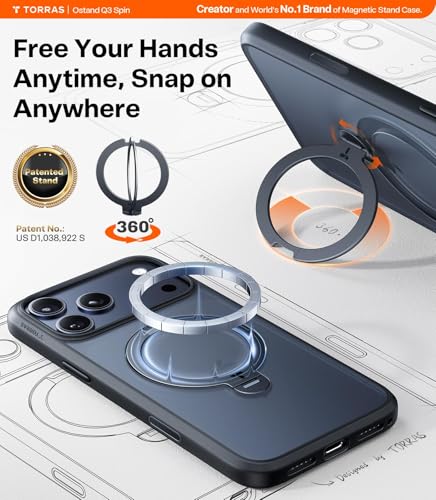 Image of TORRAS Ostand Q3 Spin Designed for iPhone 17 Pro Case, 360 Rotatable Ring Stand & 18N Strong Magnetic Lock, Military-Grade Shockproof Cover for Hands-Free Viewing, Black