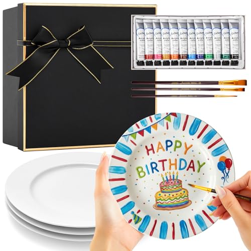 Vesici 4 Pcs Paint Your Own Ceramic Plate Kit for Adults DIY Pottery Painting Kit with Paints & Brushes Date Night & Couples Activity Creative Birthday Gift Set (7 Inch Modern Luxe)