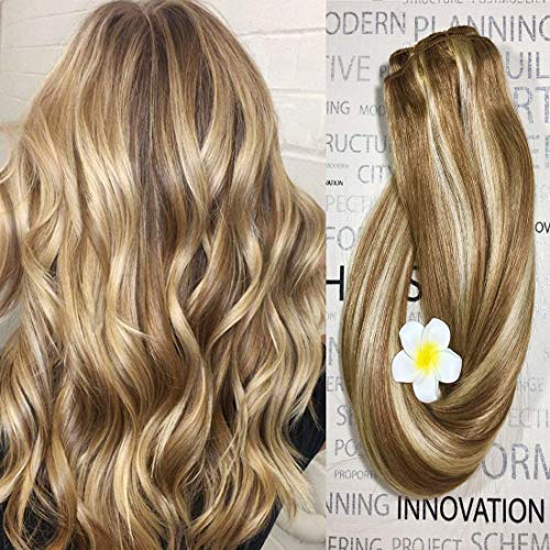 Clip in Hair Extensions Human Hair Dirty Blonde Highlights 12/613 20 inch Balayage Ombre Clip on for Fine Hair Full Head Silky Straight Soft Remy Hair