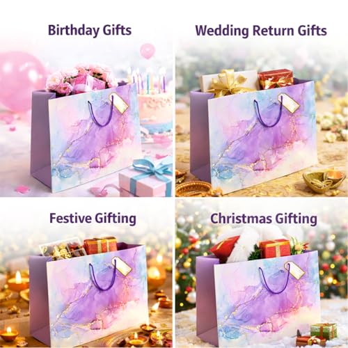 Image of Apex Graphics Large Gift Bags - Purple Paper Bags for Gifting with Tissue and Tag - Carry Bags for Return Gift Birthday Wedding Party - 14 x 10.5 x 4 Inch - Pack of 5