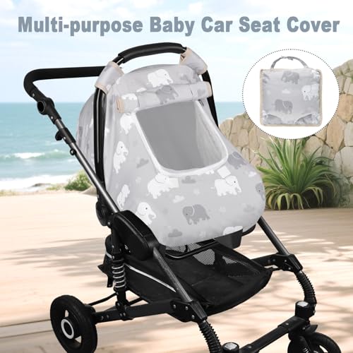 Image of Windproof Baby Car Seat Cover, 3D Mink Dot Infant Car Seat Canopy with Breathable Mesh Window, Baby Carrier for All Seasons, Easy Access Carseat Covers Snug Fit Infant Stroller(Elephant)