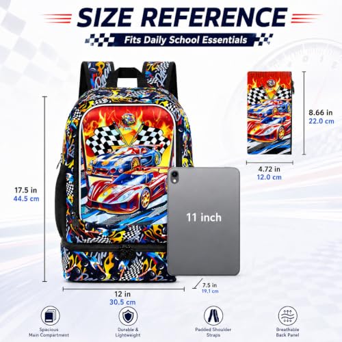 Image of HPJGD 2-in-1 Backpack for Boys, 17 inch Race Car Preschool Bookbag Set with Built-in Lunch Compartment, Kids Water-Resistant School Bag for Elementary - Thrill Racing