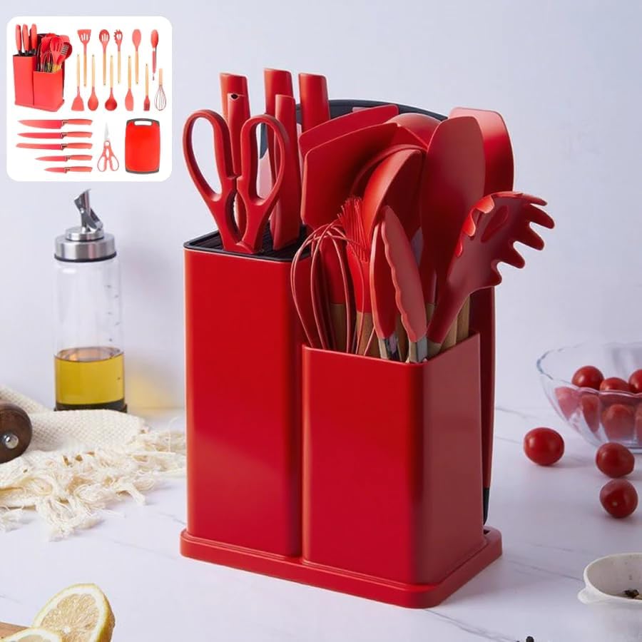 Utensilios para Cozinha Silicone Kit com 19 Peças Cabo Madeira Co...