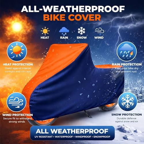 Image of 6X6 Heavy Duty Bike Cover for Jupiter 110, Dual Tone Orange & Blue, All-Weather Protection, Waterproof, UV Resistant, Dustproof, Windproof, Durable Outdoor Motorcycle Body Covers for Daily Use