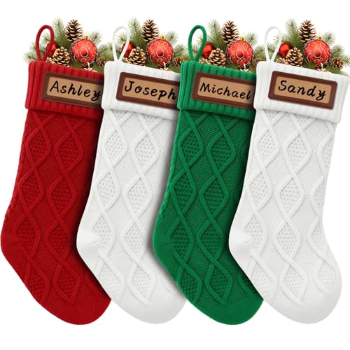 Personalized Christmas Stockings Knitted 4 Pack: Large Knit Christmas Stockings Set of 4, Custom Name with Leather Patches White Red Green Bulk Family Xmas Stocking Hanging Decorations for Home, 18''