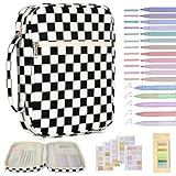 Bible Carrying Case Checkered Pattern Bible Cover Case with 75 Bibles Sticker, 200 Tabs, 5 Gel Ink Pens and 12 Highlighters for Woman Black