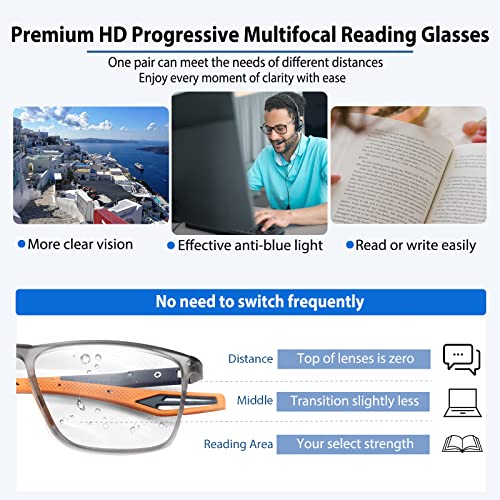 Photochromic Progressive Multifocus Reading Glasses Men Women Blue Light Blocking Workspace Multifocal Glasses Tr90 Frame Uv400 Protection Transition Sunglasses With Spring Hinge No Line Readers 3.5 #TOP1