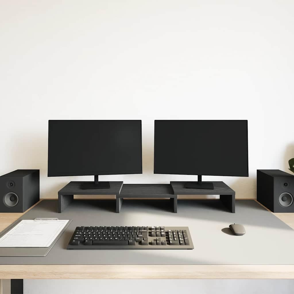 Supporto per monitor regolabile, nero, effetto rovere, 60 x 24 x 10,5 cm, in legno, per 2 monitor, inclinabile, ergonomico, per ufficio e casa