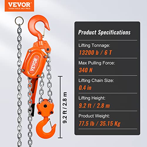 Mophorn Manual Lever Chain Hoist, 6 Ton 13200 Lbs Capacity 10 Ft Come Along, G80 Galvanized Carbon Steel With Weston Double-Pawl Brake, Auto Chain Leading & 360° Rotation Hook, For Garage Factory Dock #TOP5