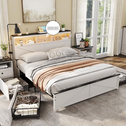 Image of Vabches Farmhouse Full Size Bed Frame with 48 inch Tall Storage Headboard, Wood Bedroom Platform Bed Frame No Box Spring Needed, 4 Storage Drawers Underneath, Adjustable LED Lights, Charging Station