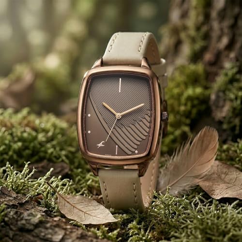 Image of Fastrack Wild Bird Feather Brown Dial Brown Genuine Leather Strap Watch for Women - 6321QL02