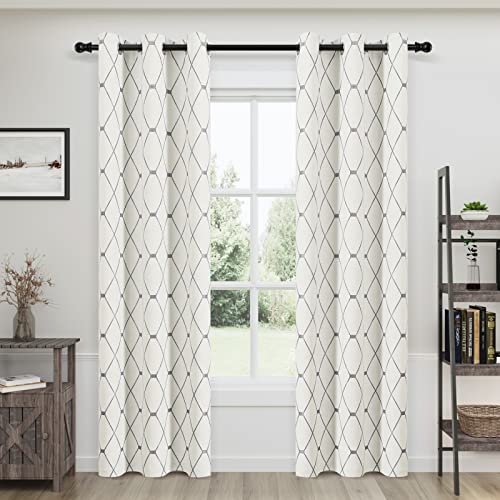 Joywell Cream Linen Textured Curtains 84 inches Long for Living Room Embroidered Farmhouse Window Curtain Grommet Drapes 2 Panels Thick Heavy Cotton Curtains Gray Checkered Pattern on Beige 38" x 84"