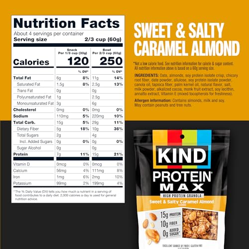 Image of KIND Protein MAX Granola, Sweet & Salty Caramel Almond, Gluten Free, High Protein, Keto Snacks, 15g Protein, 9oz, 1 Count | An excellent high-fiber, high-protein breakfast topping. These crispy, keto-friendly nut clusters are entirely gluten free.