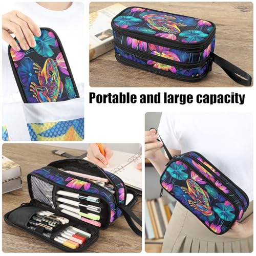 Image of Fustylead Neon Frog and Lily Pads on Black Background Pencil Pen Case with 3 Compartments, Lightweight & Spacious Stationery Bag Cosmetics Bag