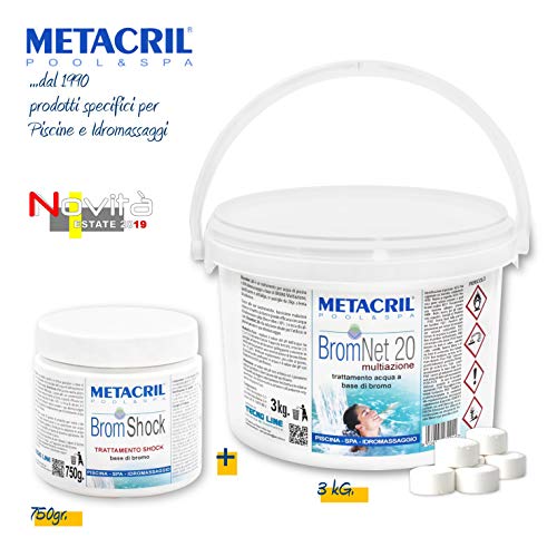 Metacril BROMO Multiaction Past. 20gr + Shock and Activator - BromNet 20 Multiaz. 3 kg. + BromShock 750 g. For swimming pool and hydromassage (Teuco,Jacuzzi,Dimhora,Intex,Bestway) - Immediate delivery