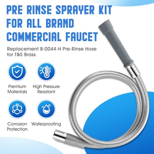 Replacement B-0044-H Pre-Rinse Hose for T&S Brass, 44 Inches Flexible Stainless Steel commercial sink sprayer Hose with Heat Resistant Gray Handle