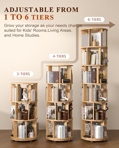 Image of IUNVR 6 Tier Rotating Bookshelf Tower Spinning Bookshelf with Swivel Wheels Book Shelf Rotating Storage Tower for Kids Adult Narrow Solid Wood Revolving Bookcase Organizer for Bedroom Living Room