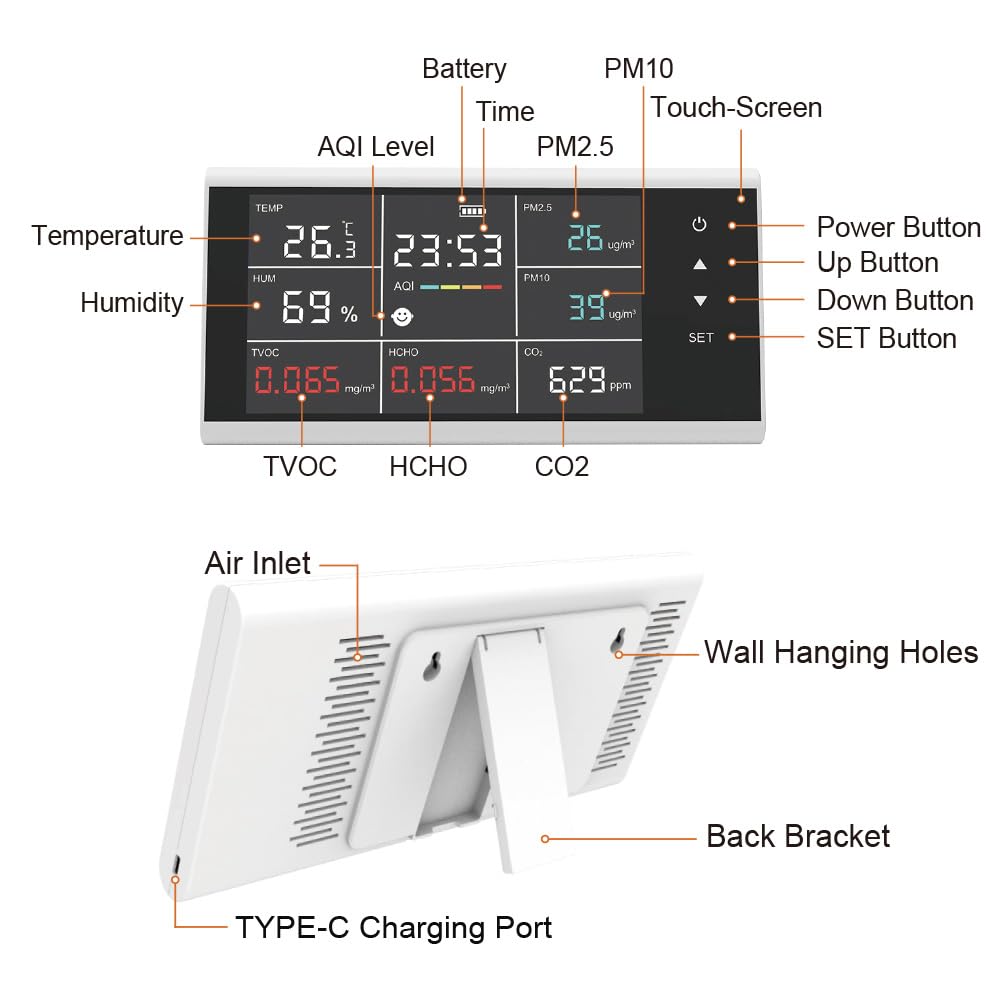 DM155C Rilevatore di qualità dell'Aria 9 in 1 Tester for sensori industriali CO2/PM2.5/HCHO Sistemi di monitoraggio tattile