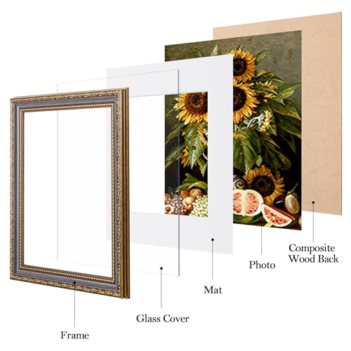Image of eletecpro 8x10 Vintage Picture Frame, Glass Cover, Blue Gold, 2-Pack | Display Photo 5x7 with Mat or 8x10 without, Horizontal or Vertical, Tabletop or Wall Decor