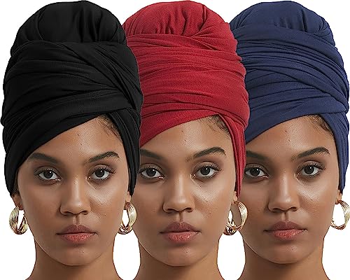 corciova Black Navy Blue Carnelian 3 Pcs Long Soft Head Wrap Turban Headband for Black Women Two Way Stretch Fashion African Head Covering Jersey Hijab Scarf