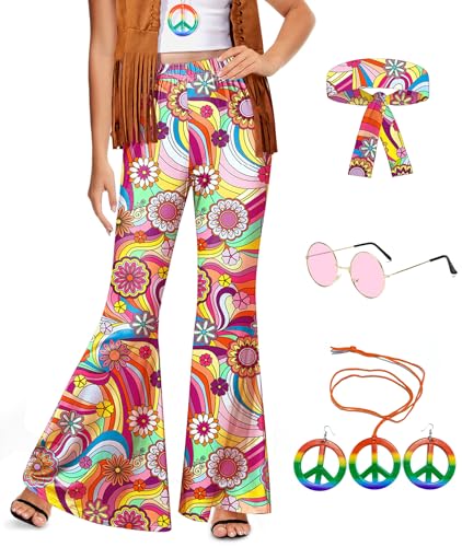 For G and PL Women's Halloween 5 Pcs Hippie Costume Pants Floral Bell Bottom Outfits