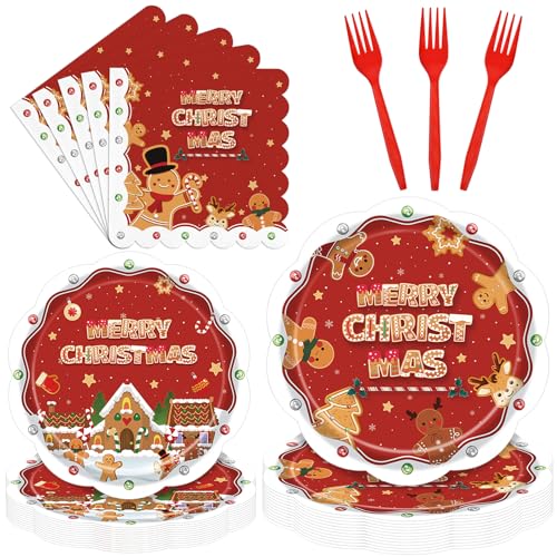 96 Pieces Christmas Gingerbread Tableware Set – Red Merry Christmas Disposable Plates, Napkins, and Forks with Gingerbread House and Cookie Designs for Holiday Dinners and Celebrations – Serves 24