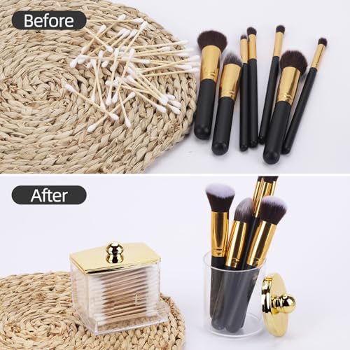 Image of Tbestmax 2 Pack Qtips Dispenser - Bathroom Organizers and Storage Containers, Plastic Apothecary Jars with Gold Lids for Cotton Ball Swab Round Pads, Floss