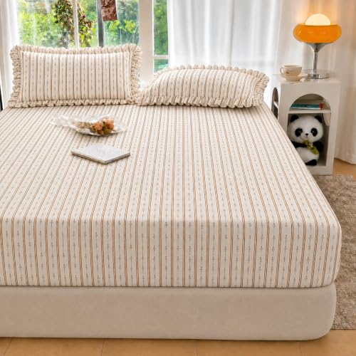 Image of VOMZER King Size (72x78) 300 TC Soft Cotton Feel Microfiber All Around Elastic Fitted Double Bedsheet with 2 Frill Pillow Covers | Ivory Gold Stripe