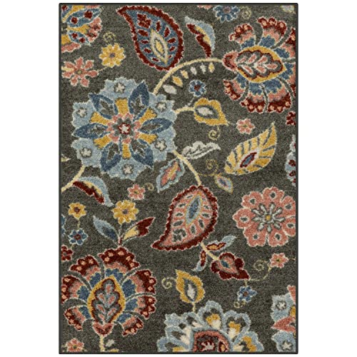 Maples Rugs Gardena Floral Area Rugs – Made in USA – Washable, Non Slip Indoor Carpet for Entryway, Foyer, Kitchen, and Bathroom, 2'6 x 3'10, Gray