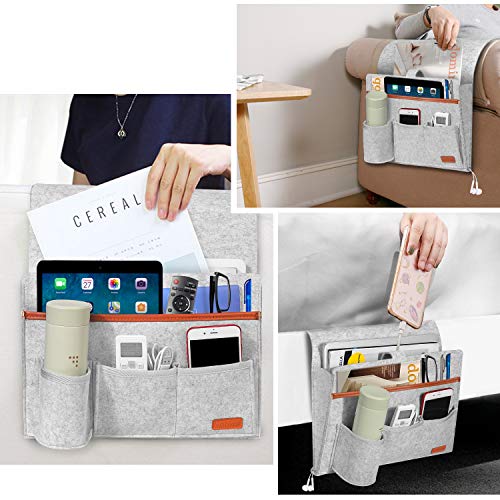 SIMBOOM Sofa Butler Sofa Bett Organizer mit 5 Taschen Hängeaufbewahrung für Handy Tabletten Zeitschriften Gläser Snacks Beutel - Hellgrau - Image 3