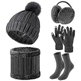 SATINIOR 5 Pcs Winter Hat Scarf Gloves Set Knit Satin Lined Pompom Beanie Warm Touchscreen Gloves Earmuff Warmer for Women(Dark Gray,Stylish Style)