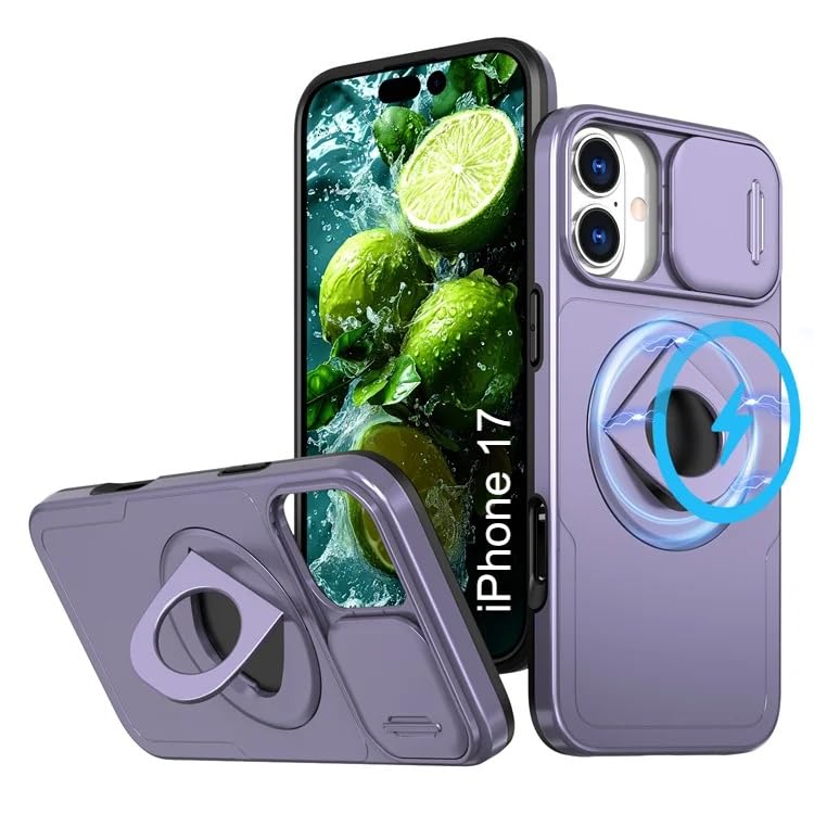 Image of LuxuryKase MagSafe Shockproof Rugged Back Case for iPhone 17 | Finger Ring Kickstand & Sliding Camera Cover | Military Drop Protection | Wireless Charging Support - Purple