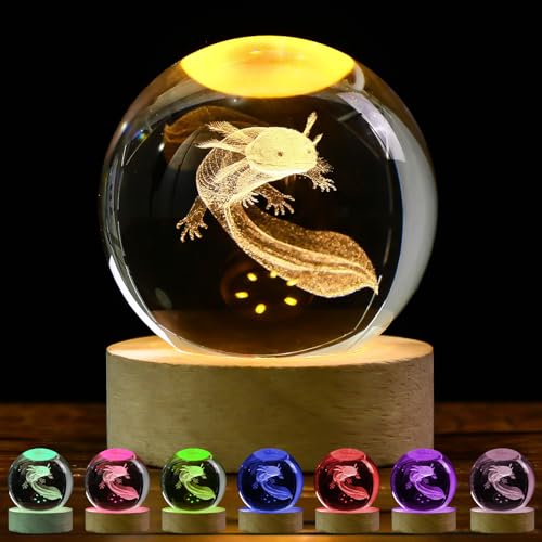 TaimeiMao 3D Axolotl Kristallkugel Nachtlicht 60mm Glaskugel Lampe Deko mit Holzsockel und USB Geburtstag Weihnachts Taufe Geschenke für Jungen Mädchen