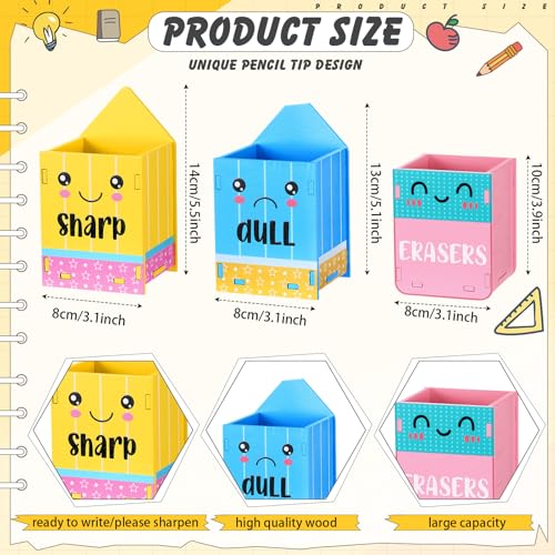 Image of DoubleFill 6 Pcs Sharp Dull Pencil Holder,Yellow Blue Face | Wooden Pencil Shaped Dispenser, Eraser Storage Organizer, For Classroom Management and Teacher Back to School Supplies