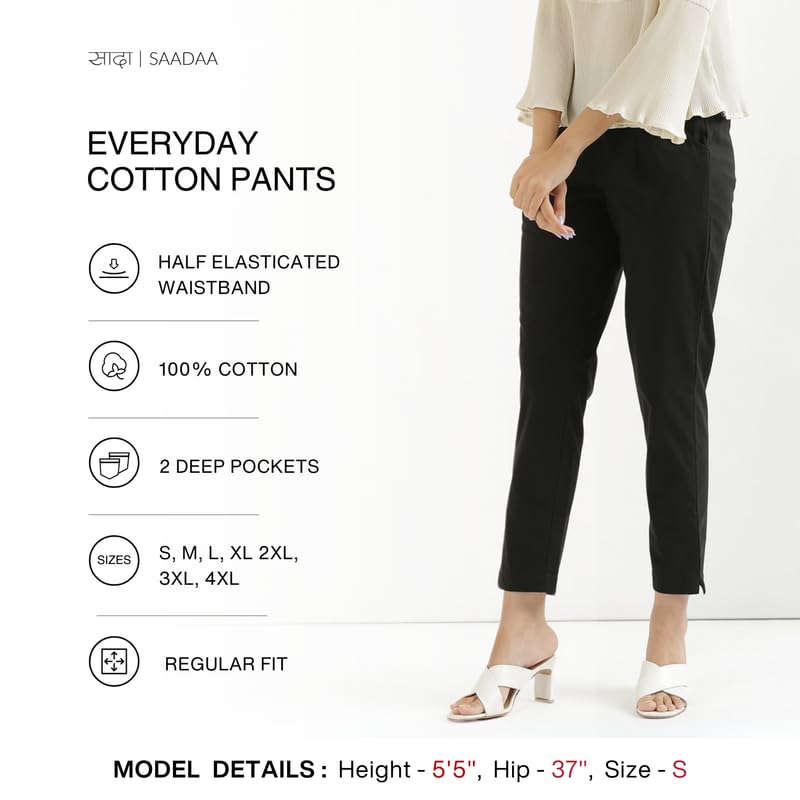 Image of SAADAA Women Cotton Pant Regular Slim Fit Mid Rise Trouser, Pocket Pants for Office School Formal Casual Daily Use