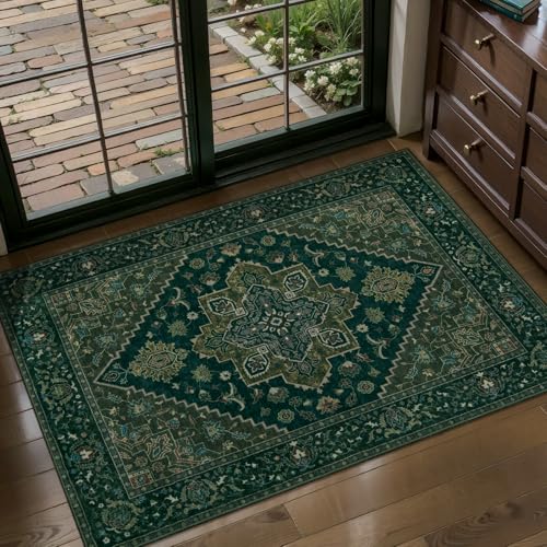Image of Tangsoo Dark Green 2x3 Small Rugs for Entryway, Washable Vintage Non Slip Oriental Rug, Indoor Front Door Rug, Print Door Mat Small Carpet, Soft Low Pile Rugs for Entrance Kitchen Bedroom Home Decor