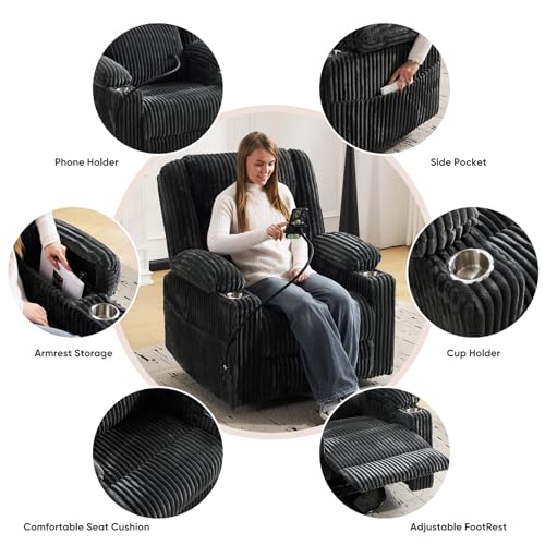 Image of Oversized Power Recliner Chair with Massage and Heat,Swivel Rocker Recliner Chair for Adults with Arm Storage,Nursery Glider Recliner with Adjustable Headrest and Side Pockets,Phone Stand,Dark Grey