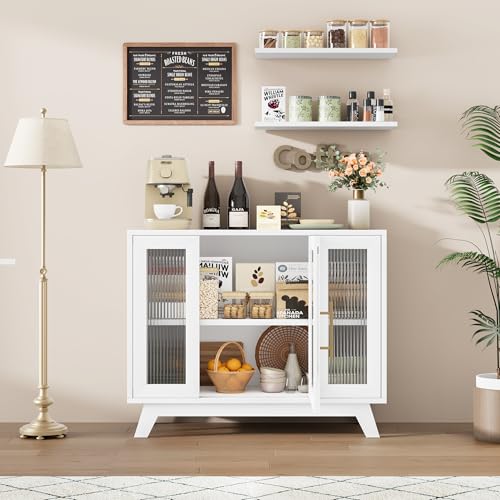 Image of 36 inch Sideboard Buffet Cabinet with Storage, Contemporary Farmhouse Kitchen Sideboard with Glass Doors & Adjustable Shelves for Dining Room & Living Room