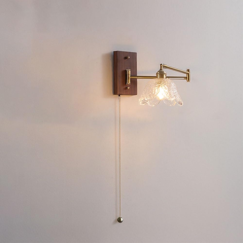 Regulowana lampa ścienna w stylu retro, obrotowa lampa ścienna w stylu vintage z przełącznikiem suwakowym, lampką nocną z kwiecistym szkłem, mosiężna lampa ścienna do sypialni