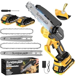 SundpeyPRO Mini Akku Kettensäge 8 & 6 Zoll - 21V Bürstenlose Mini Kettensäge mit Akkus 2x2.0Ah，Automatischer Öler und Werkzeugloser Kettenspannung，Einhand Akku-Astsäge zum Beschneiden von Holz, Ästen