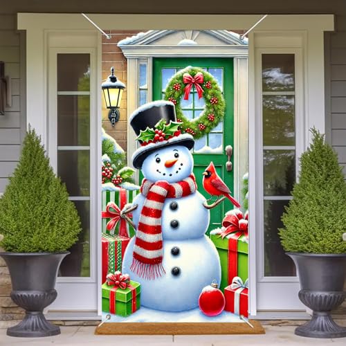 Image of BlissYard Snowman Christmas Door Banner 35x71 Inch Winter Holiday Front Door Decoration with Green Red Red Bird and Gifts for Indoor Outdoor Wall Welcome Snowflake Porch Display