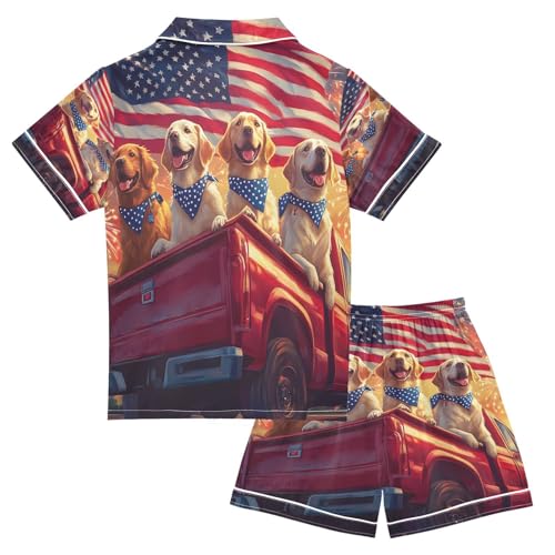 ALAZA American Flag Car Animal Dog Satin Pajamas Set Short Sleeve Button Down Sleepwear Summer Pjs 2 Piece2
